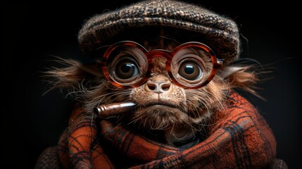   A monkey in a hat and glasses holds a pipe, enclosed by a scarf - obrazy, fototapety, plakaty