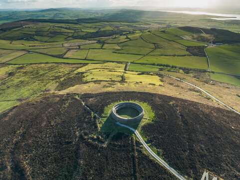 Aerial view of Grianan of Aileach in natural landscape, Carrowreagh, Donegal, Ireland.
