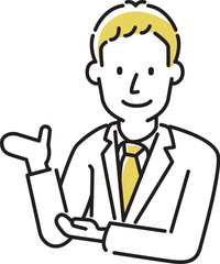 定番　伝わる 人物イラスト 紹介する　スーツの若い男性定番