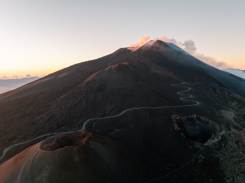 Aerial view of volcanic Etna crater, Zafferana Etnea, Catania, Italy.