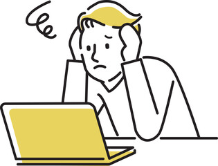  .シンプル人物　こんなお悩みありませんか？　ノートPCの前で悩む男性　30代40代