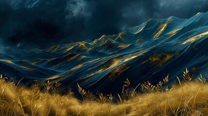 An abstract oil painting of nature with a duotone color palette of dark and golden tones in a unique atmosphere. Landscape with natural elements in dark and expressive tones. - obrazy, fototapety, plakaty