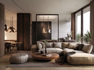 interior of modern living room with sofa, coffee table and window - 788678792