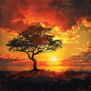 a tree in a field with a sunset