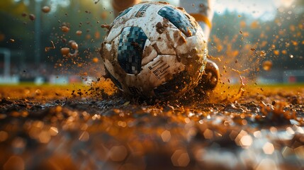 intensity of the match with a player and football on the rich brown ground of a stadium, depicted in cinematic high resolution photography against a deep earthy backdrop.
