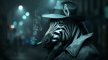 Fototapeta premium A zebra in a top hat and trench coat, holding a pipe and wearing the same attire
