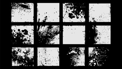Grunge black texture raw dirty background set vector illustration black and white. Abstract element art and messy splash and scratch pattern concept distressed