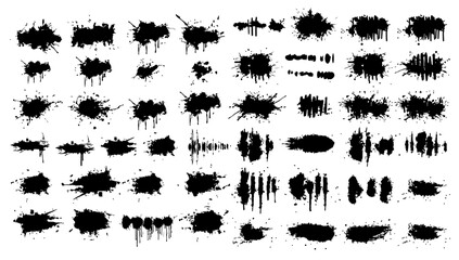 Ink splatter set vector illustration black and white. Dirty abstract spray shape blob and splash texture liquid. Textured element brush collection silhouette decoration