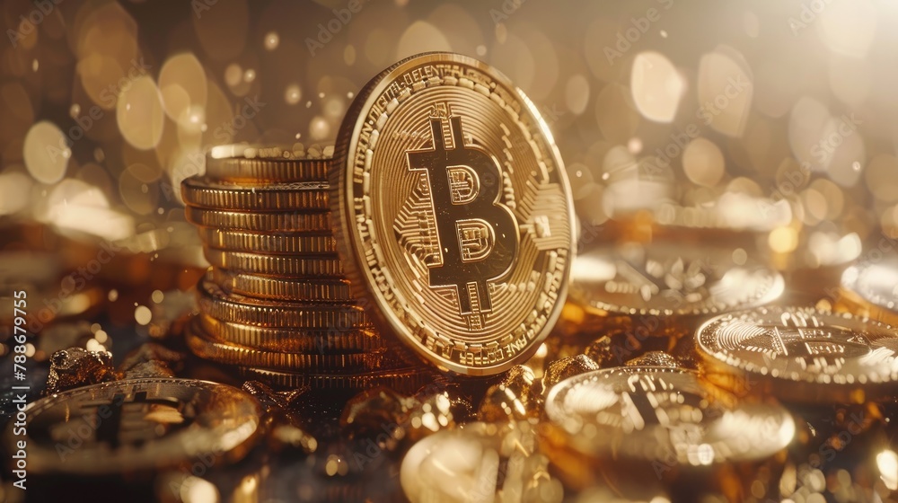 Poster An array of golden Bitcoin coins arranged on a reflective surface, highlighting cryptocurrency