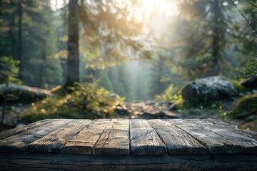 Background view of blurred pine forest with empty rustic wooden table for product mockup display.