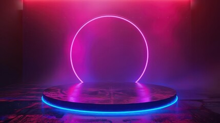 Futuristic circle podium stage platform with digital neon light effect. AI generated image