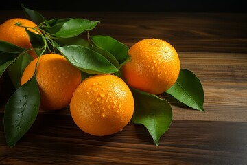 Glossy Orange on wood table. Organic fresh. Generate Ai