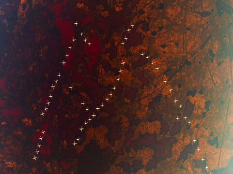 Aerial view of colorful chili pepper fields being harvested by women under the sun, Celestun, Yucatan, Mexico. - Powered by Adobe