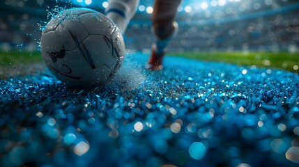 kickoff with a player preparing to kick a football on the electric blue grass of a stadium, portrayed in realistic  full ultra HD against a vibrant sapphire background. - obrazy, fototapety, plakaty