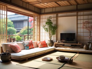 Sofa and japanese style living room with garden outside the window  - 788680582