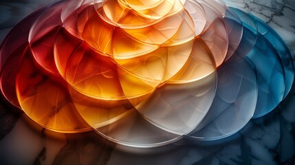   A tight shot of assorted colorful circles on a pristine white marble backdrop – blue, red, yellow, and orange hues