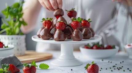 Creating a flat lay step by step delicately arranging chocolate covered strawberries on the cake stand