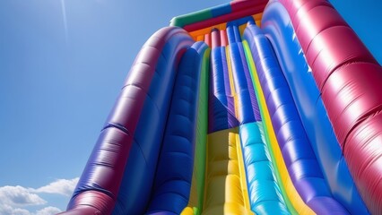 a large children's inflatable colorful slide, standing with a view of the blue sky