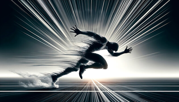 An electrifying image of a silhouette in a dynamic sprint, evoking speed and momentum with a burst of radiant light lines.