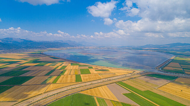 Aerial view of salt lake in countryside, Yalihuyuk, Konya, Turkey.