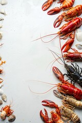 Seafood on a white background. Lobsters, fish, shellfish. View from above. place for text. generative ai
