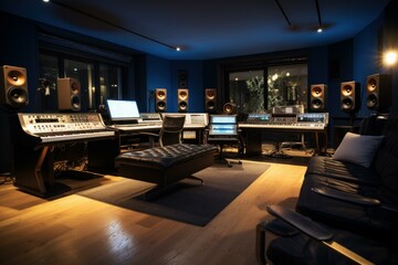 Inspiring Sound music studio inside. Pro set equipment. Generate Ai