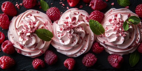 Gourmet ice cream, styled and decorated with fresh raspberries and mint leaves. Pink ice cream. Editorial photography. Food styling. 