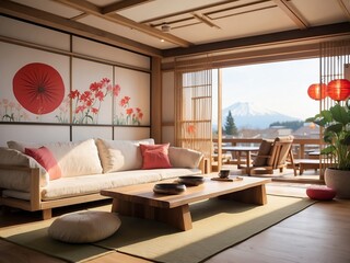 Interior of a Japanese-style living room with a wooden sofa, a coffee table and a view of Mount Fuji - 788681922