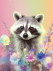 Obraz premium The raccoon is holding a bouquet of beautiful wildflowers.
