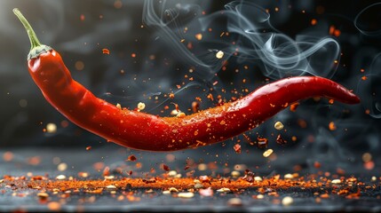   A red hot pepper, closely framed, sits on the table Smoke wafts from its peak