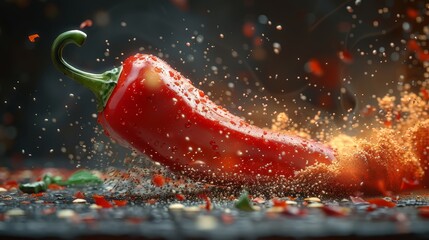   A red pepper, closely framed, adorned with confetti and sprinkles against a black backdrop