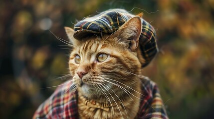Orange tabby cat dressed in a retro flannel newsboy cap - obrazy, fototapety, plakaty