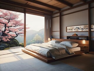 Japanese style bedroom interior design, simple style and cherry blossom tree outside the window - 788681970