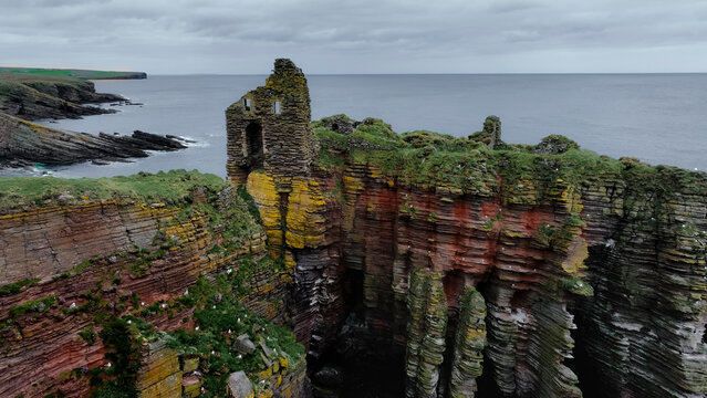 Aerial view of Bucholie Castle on the coast of Wick, Caithness, Scotland.