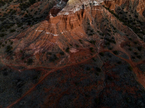 Aerial view of majestic rock formations in Palo Duro Canyon State Park, Canyon, Texas, United States.