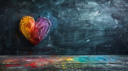   A heart in red painted on a blackboard, rainbow hues splattered at its base