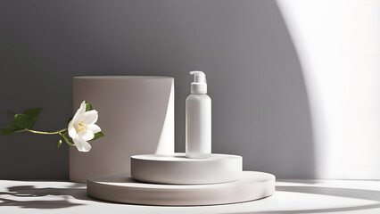 White cosmetic bottle mockup with jasmine flower