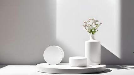 white podium for product presentation with white flower in vase - obrazy, fototapety, plakaty