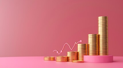 pile of dollar gold coins and growing graph bar on pink background minimalist style