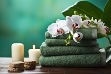 Obraz na płótnie Canvas Luxurious Spa setting with green towels. Wellness relaxation therapy with fresh aromatherapy. Generate ai