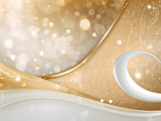 Abstract bokeh banner background with shimmering white waves bokeh set against a softly defocused golden backdrop.