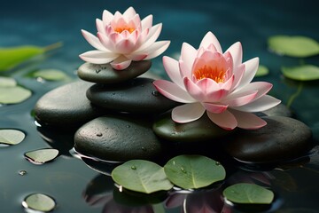 Obraz na płótnie Canvas Holistic Spa stones lotus. Relax health. Generate Ai