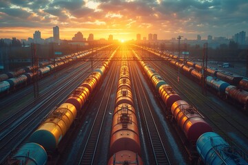 A freight train carrying rows of brand new cars, each one gleaming in the sunlight