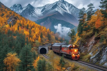 A freight train disappearing into a tunnel carved through a towering mountain