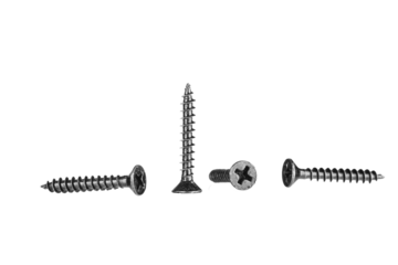 black wood screws on isolated white background close up