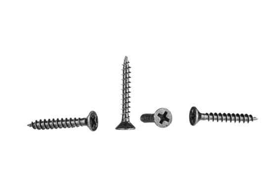 black wood screws on isolated white background close up