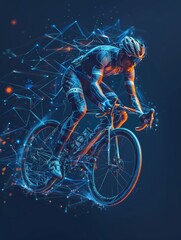 Cyclist in action made of polygon Al neon network, blue and orange tones, on dark blue background