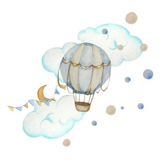 Watercolor Hot Air Balloons with Clouds and Moon. Children's Illustration. In Beige and Blue Pastel Colors. Background for Children's Bedroom, Photo Frames, Invitations, Children's Shop, Stationery.