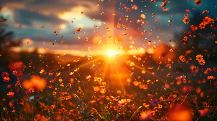 Fototapeta na wymiar Sun Setting Over Field of Flowers