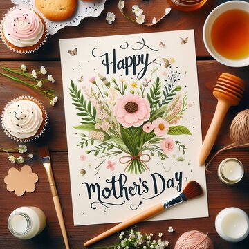 HAPPY MOTHERS DAY card on a wooden table top view for social media created with generative ai.